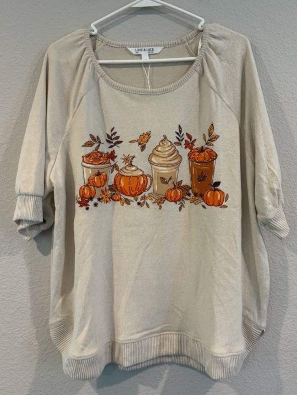 New Love & Lace Womens Soft Plush Pumpkin Spice Graphic Short Sleeve Sweater 1X